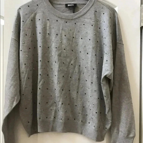 DKNY Gray Rhinestone Lightweight Sweater NWOT - Picture 2 of 3